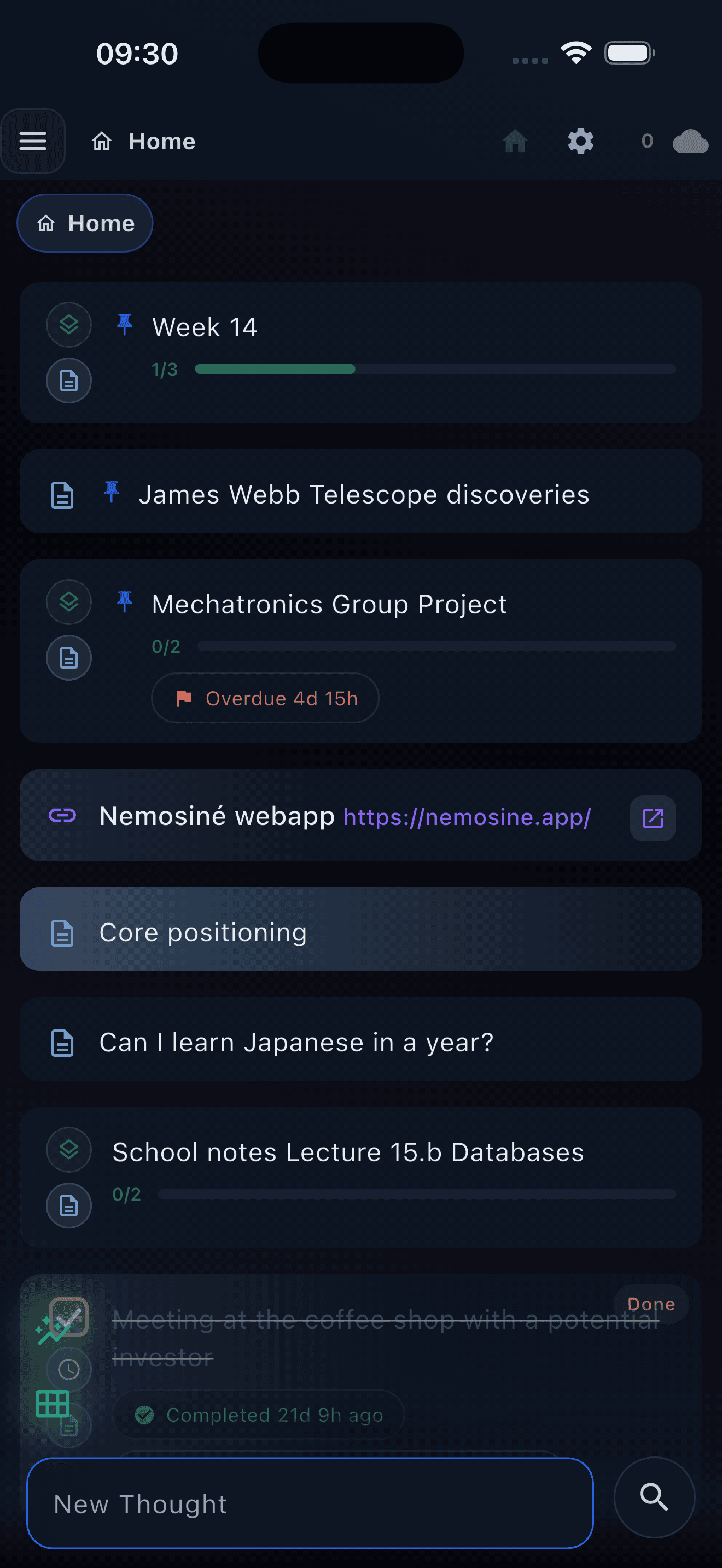The Nemosine home screen, showing notes, folders, tasks and a saved link