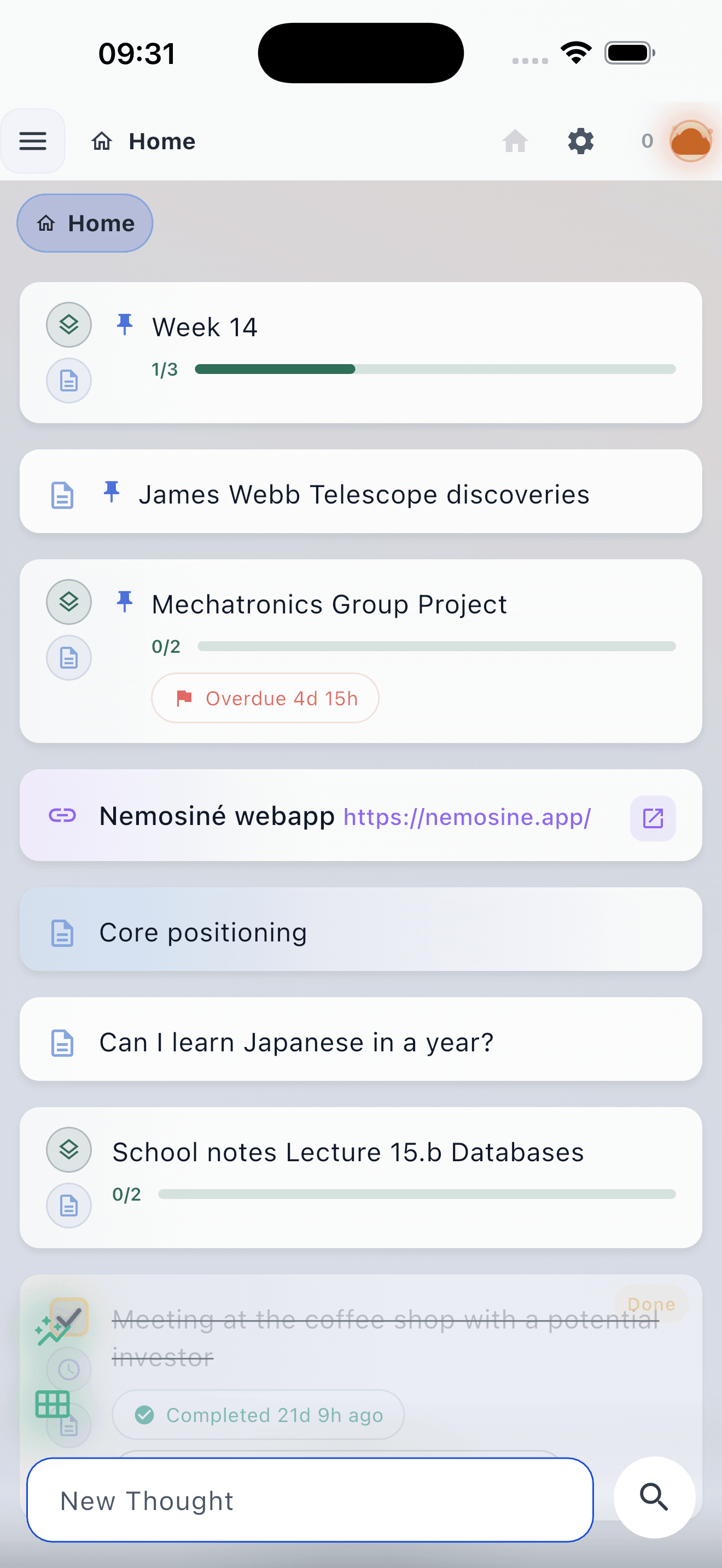 The Nemosine home screen, showing notes, folders, tasks and a saved link